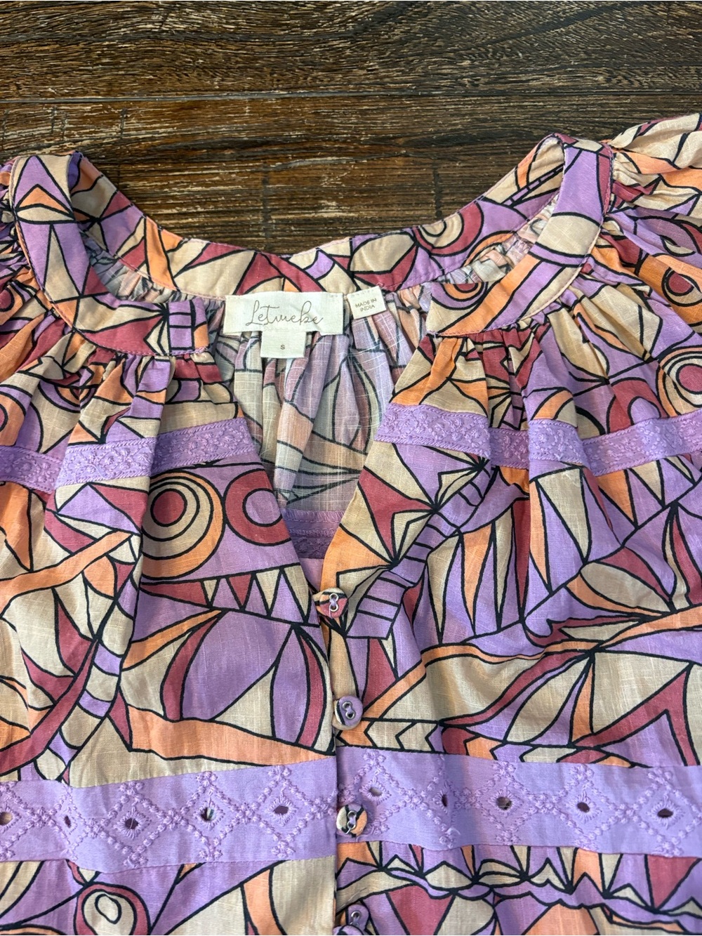 Anthropologie Let Me Be Lace Blouse Womens S Purple Orange Geometric - Picture 6 of 12